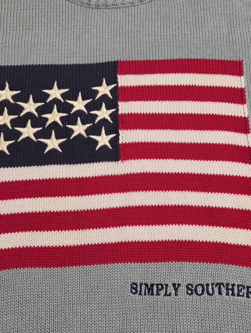 Simply Southern Men's Sweater Light Blue Crewneck with American Flag Size XL